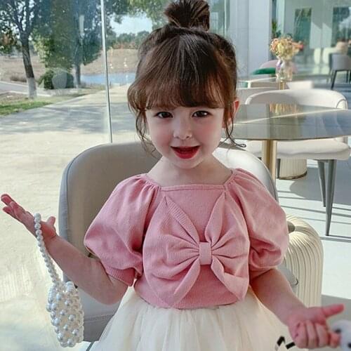 Summer Girls Korean T shirt Baby Girl Kids Sweet Bubble Sleeve Princess Clothes Big Bow Short Sleeve 1-7T Children T-shirts