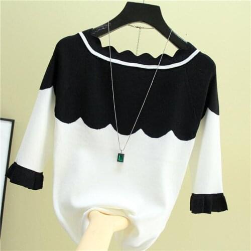 LJSXLS Knitted Half Sleeve Pullovers Womens Sweater Summer Top Color contrast Thin Sweater Mujer Korean Casual Womens Clothing