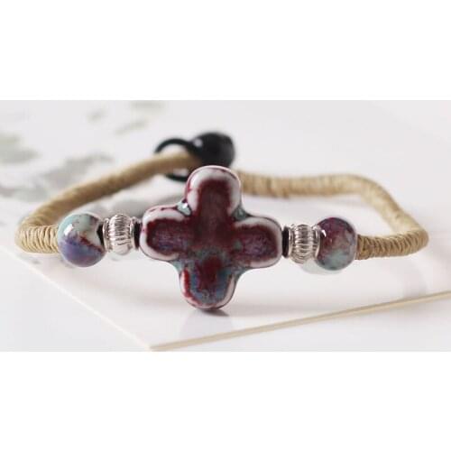 Fashion Charm Ceramics Muticolor Beads National Style Flower Bracelet Original Design Bangle Hand Knitted Amulet Jewelry Gifts