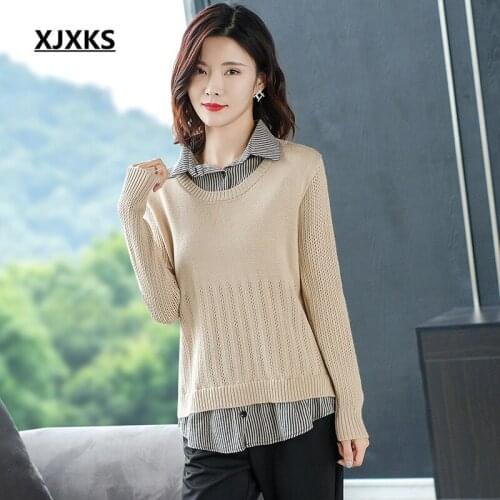 XJXKS Fashion fake two-piece women sweater 2020 spring new comfortable wool knitted sweater womens pullover