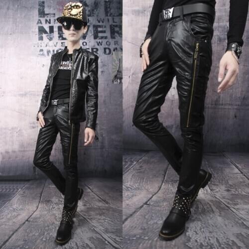 28-36 2017 Mens new fashion personality slim zipper tight motorcycle leather pants trousers singer costumes trousers clothing