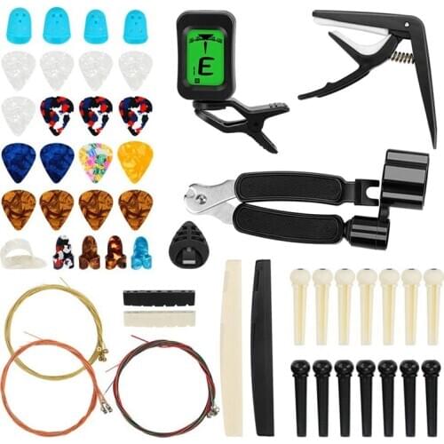 65 PCS Guitar Accessories Kit with Guitar Strings, Tuner, Capo, Picks, Pick Holder, Thumb Finger Picks, Bridge Pins