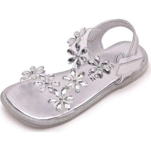 Children Sandals Shoes Girls Crystal Flower Summer Princess Kids Party Fashion Flat Toddler Baby Breathable Hook & Loop