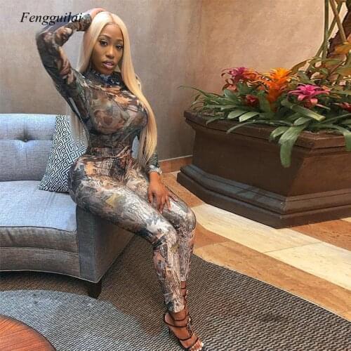 European and American Style 2021 Autumn New Womens Printed Long Sleeve One-Piece Top and Hip Lifting Tights Casual Suit