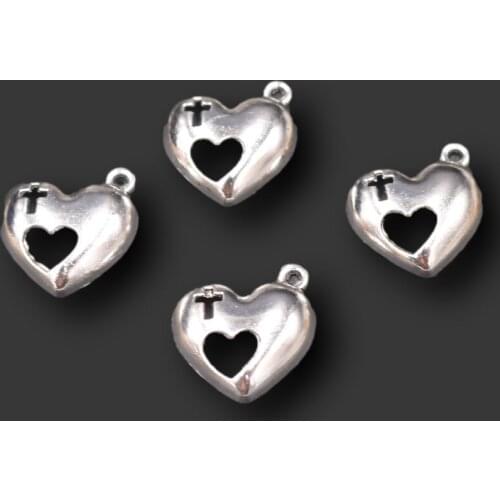 15pcs Silver Plated Hollow Cross Sacred Heart Pendants DIY Charm Christian Jewelry Crafts Metal Accessories P687