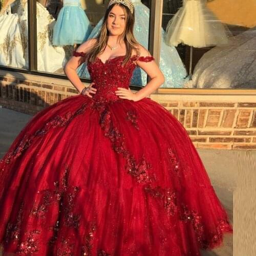 Luxury Burgundy Lace Beads Quinceanera Dresses Ball Gown Sweet 16 Year Princess Dresses For 15 Years vestidos de 15 años anos