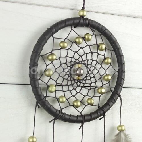Handmade Brown PU Leather Dream Catcher With Gold Beads Home Room Decoration