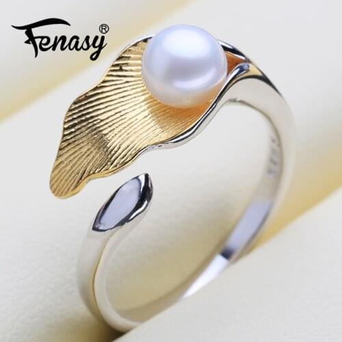 FENASY Leaf 925 Sterling Silver Ring Pink Vintage Boho Promise Wave Dainty Freshwater Pearl Adjustable Rings For Women Jewelry