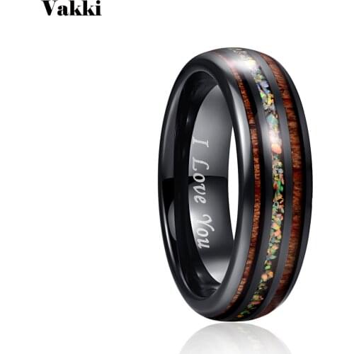 VAKKI 6mm Vintage Dome Black Acacia Wood Opal Colorful Tungsten Ring for Women Engagement Ring Accessories