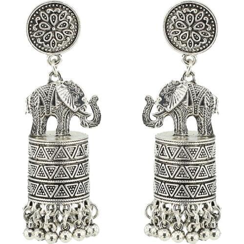 Ancient Silver Color Boho Retro Animals Elephants Drop Dangle Earrings Indian Jhumka Earring Women Thailand Tribal Jewelry Gift