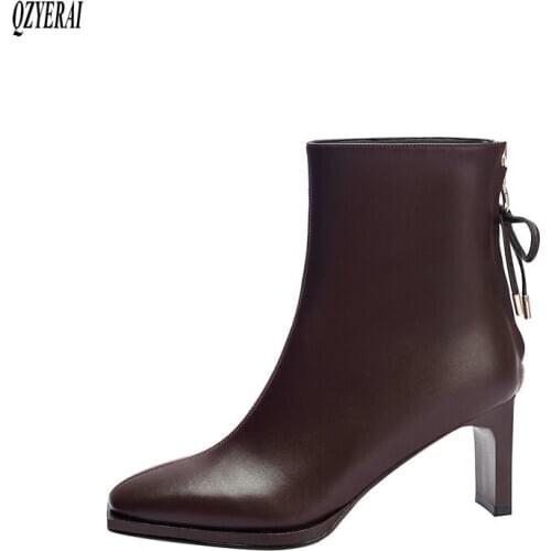 QZYERAI New winter Genuine leather Women boots ankle Chelsea outdoor Female boots cowhide High heels warm Women shoes