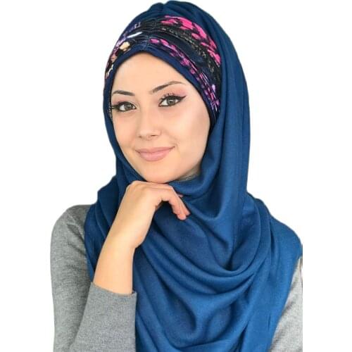 New Fashion Women 2021 Muslim Headscarf Islamic Clothing Turban Scarf Bonnet Beanie Dark Blue Shirred Multicolor Readymade Shawl