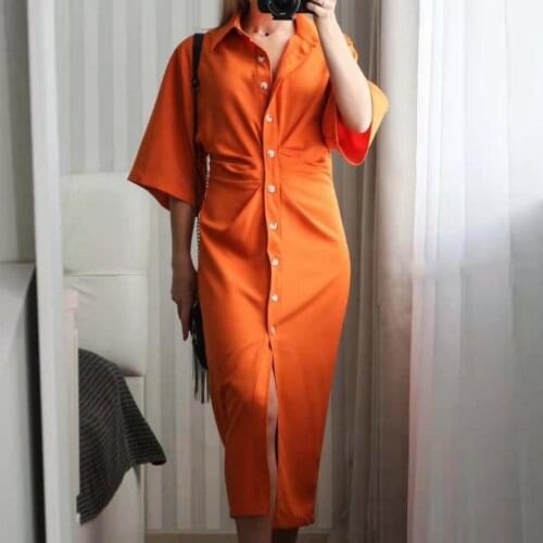 Women Elegant 2021 Chic Fashion Button-up Draped Midi Shirt Dress Vintage Short Sleeve Side Zipper Female Dresses Vestidos