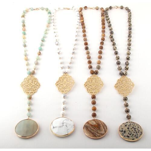 Fashion Bohemian Jewelry Stones Rosary Chain Metal Grid Link Pendant Necklaces For Women Ethnic Necklace