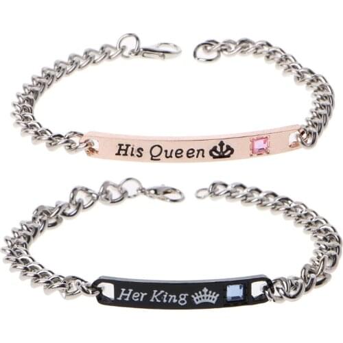 2Pcs Jewely Gift for Lovers His Queen Her King Stainless Steel Couple Bracelets