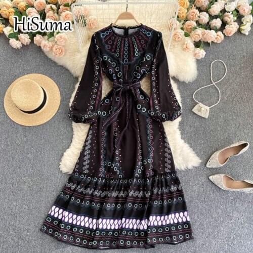 2021 spring summer new womens o-neck lantern sleeve print chiffon dress female lace-up waist A-line vacation Ethnic dresses