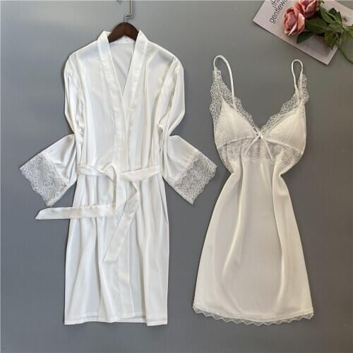 White Wedding Robe Set Kimono Gown Lady Sleepwear Spring Summer Nightwear Nightgown Sexy Satin Lace Home Dressing Gown Sleep Set