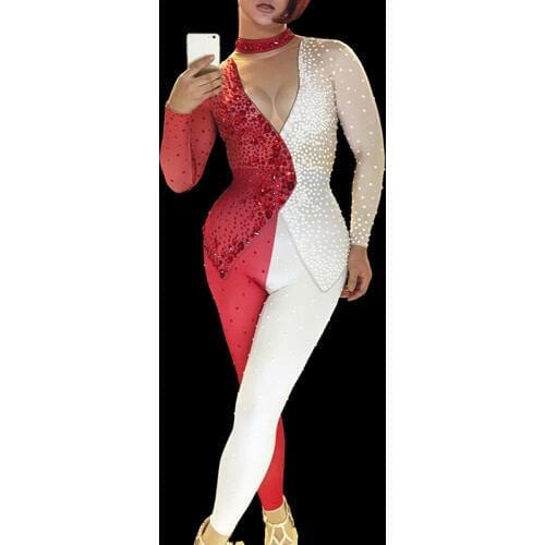 Sparkly Red White Rhinestones Stretch Leotard Jumpsuit Women Costume Nightclub DJ Singer Concert Performance Stage Outfit