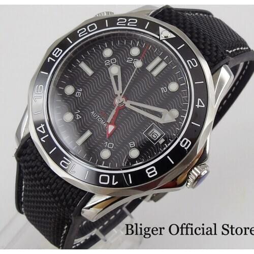 BLIGER Black GMT Automatic Movement Rubber Band Date Function Stainless Steel Case