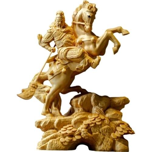 14CM Wood Statue Boxwood Carving Wealth God Lucky Riding Guan Gong Home Decoration Feng Shui Fortune Town Home Decoration