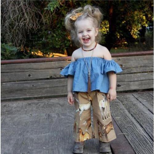 Baby girl off shoulder denim shirt,Cute Summer Baby Girls Off Shoulder Boho Print Floral Blouse Top T shirt + Headband Outfit