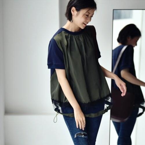 MICOCO T3986C Korean version of fashion color lace stitching loose show thin front short back long short sleeves T-shirt