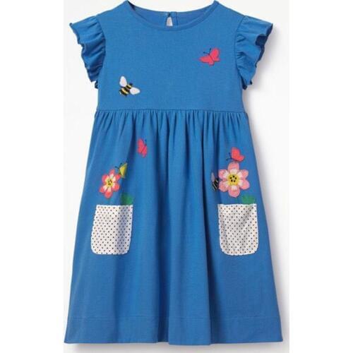 Blue Floral Baby Girls Dresses Children Clothes Blouses Dot Girls Jumpers Outfit Short Sleeve Clothing For Girl 2 3 4 5 6 Year