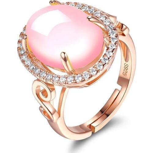 Rose Gold 925 Sterling Silver Rings For Women Gemstone Created Pink Rose Quartz Open Ring Adjusted Wedding Jewelry bijoux femme