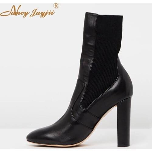 Genuine Leather Cow Leather Women Adult Lady Chelsea Boots Black Solid Ankle Round Toe Super High Square heels Nancyjayjii 2019