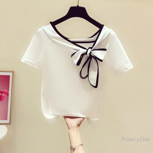 2021 Summer New Fashion Korean Style Off-Neck Lace-up Bow Short Sleeve T-shirt Womens Casual Slim Crop Top Tees White Black