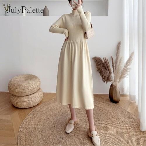 JulyPalette Solid Knitted Long Dress Women Autumn Winter Half Turtleneck Full Sleeve Sweater Dress Casual Ladies A-line Vestidos