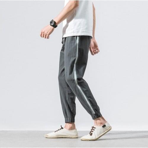 Original Menswear Japanese Simple Cotton and Linen Casual Pants Loose, Thin, Cupped Trousers. Large Mens Trousers