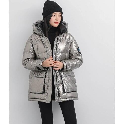 New Glossy Silvery Down Coats Winter Womens Fluffy Hooded Down Coat Female Thicker Warm Shiny Down Jacket Down Parkas Wy307