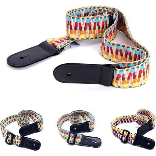 Cotton Guitar Ukulele Strap National Style Colorful Adjustable Guitara Straps Belt with PU Leather Ends Guitar Accessories
