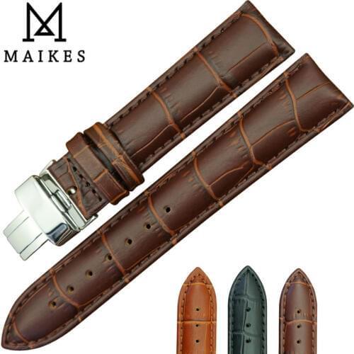 MAIKES Genuine Leather Watch Band Polishing Folding Clasp Watch Strap 18mm 20mm 22mm Men&Women Watchband For Casio