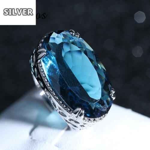 Luxury Big Ring For Women Silver Color Hollow Vintage Jewelry Mosaic sea blue Zircon Promise Engagement Rings For Women