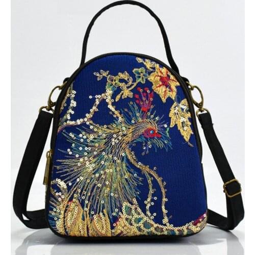 New peacock embroidered sequined small backpack Chinese style embroidered hand-held diagonal canvas embroidered small bag