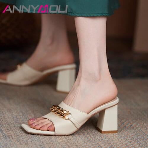 ANNYMOLI Women Slippers Shoes Real Leather Sandals Chain High Heel Slides Square Toe Sandals Chunky Heel Ladies Footwear Summer