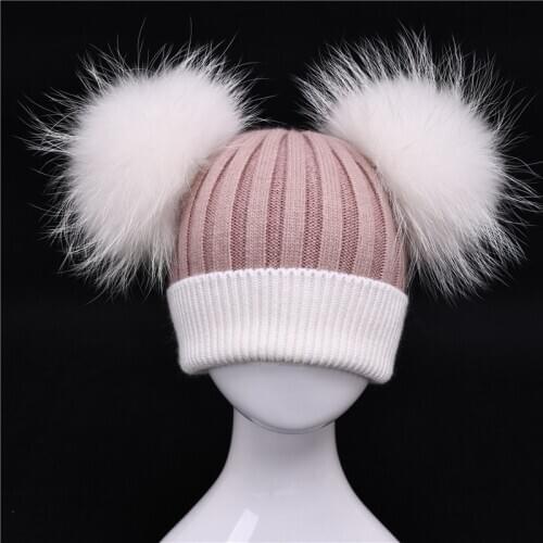 Baby Winter Real Fur Ball Beanie Hat Warm Cute Fashion Fluffy Real White Big Raccoon Fur Pom Poms Kids Knitted Hats