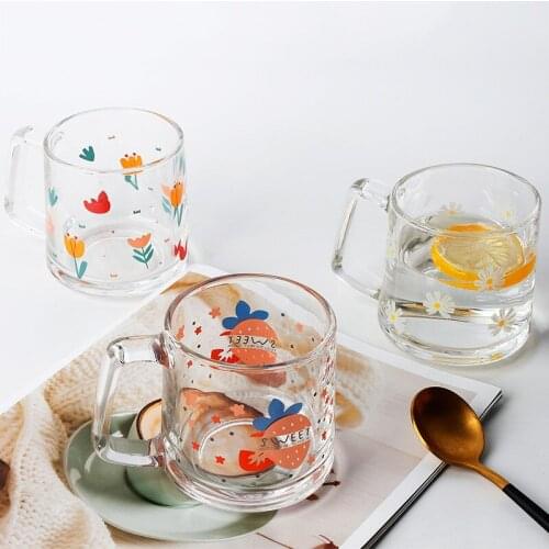 Heat Resistant Daisy Strawberry Pattern Glass Tea Milk Cups With Handle Coffee Mug Party Creative Drinkware Tumbler Water Cups