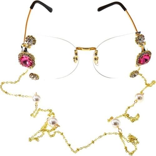 Rimless Cat Eye Sunglasses Women Trendy Fashion Ladies Cool Outdoor Transparent Lens Crystal Chain Sunglasses