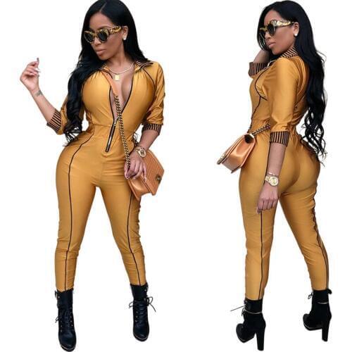 Solid Color Front Zipper Sexy Rompers Womens Jumpsuit 2018 Quarter Sleeve Bandage Overalls Sexy Autumn Bodycon Jumpsuits M8277