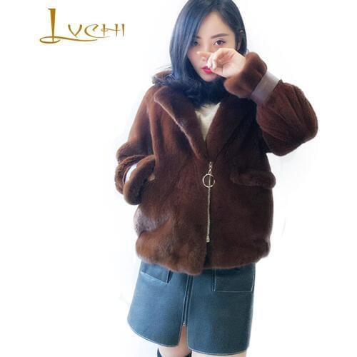 LVCHI 2019 Import Velvet Real Mink Fur Coats Womens Coat Full Pelt Turn-Down Collar Causal Baseball Jacket Slim Mink Fur Coats