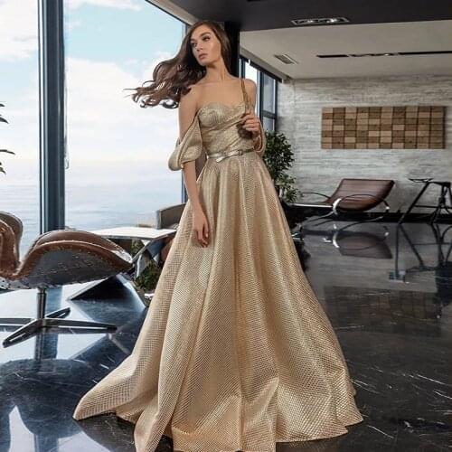 Sweetheart Long Evening Party Dresses Vestidos de festa Sexy Gold Off Shoulder Floor-Length Sequins Formal Prom Dress with Belt