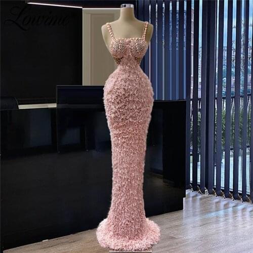 Lowime Dubai Pink Arabic Moroccan Kaftan Evening Dress Beaded Muslim Formal Dresses Women Wedding Party Gowns Engagement Dress