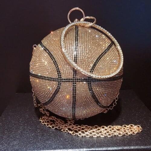Gold Basketball Rhinestone Handbags Women Creative Design Round Ball Clutch Evening Bags Ladies Panelled Banquet Party Purse