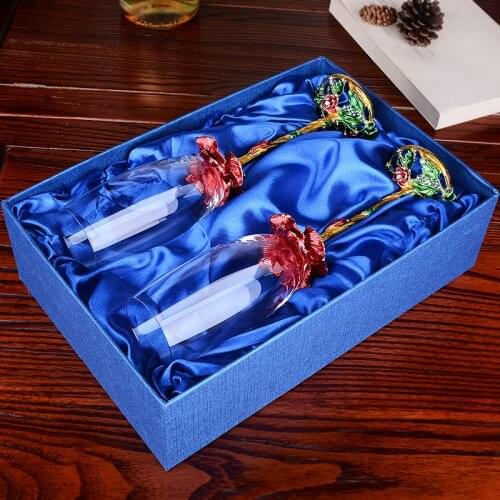 2PCS/Set High Quality Creative Crystal Champagne Flutes Stand Metal With Enamel Household Goblet Wedding Gifts Wine Set Gift Box