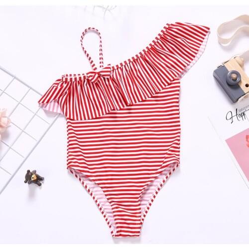 3-8Years Falbala Girls Swimsuit one piece Kids Swimwear Strips Childrens Swimwear High quality Kids Beach wear-ST196