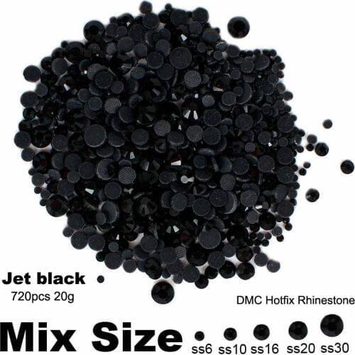 DMC Hotfix Rhinestones Jet Black Mixed Sizes SS6 SS10 SS16 SS20 SS30 720pcs Glue Backing Iron On Glass Stones DIY Jewelry Making