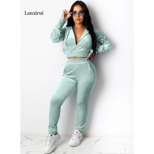 Winter Velet Warm Crop Jacket And Tracksuit Joggers Two Piece Set Matching Jogging Suits For Women Trousers Outwear
